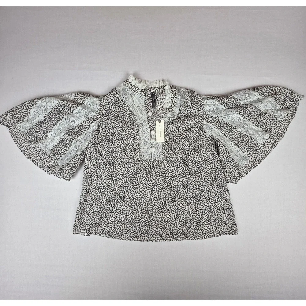 Anthropologie Lace-Trim Cape Sleeve Blouse Womens Size M Sand Floral Cotton Top